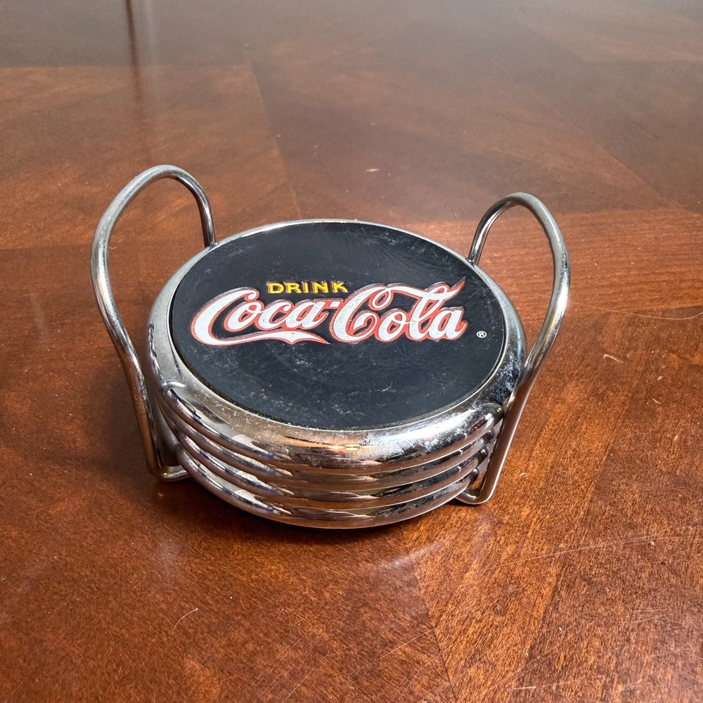 Vintage 90s Coca Cola Coaster Set 4 w Metal Holder Cork Back Drink Coke
